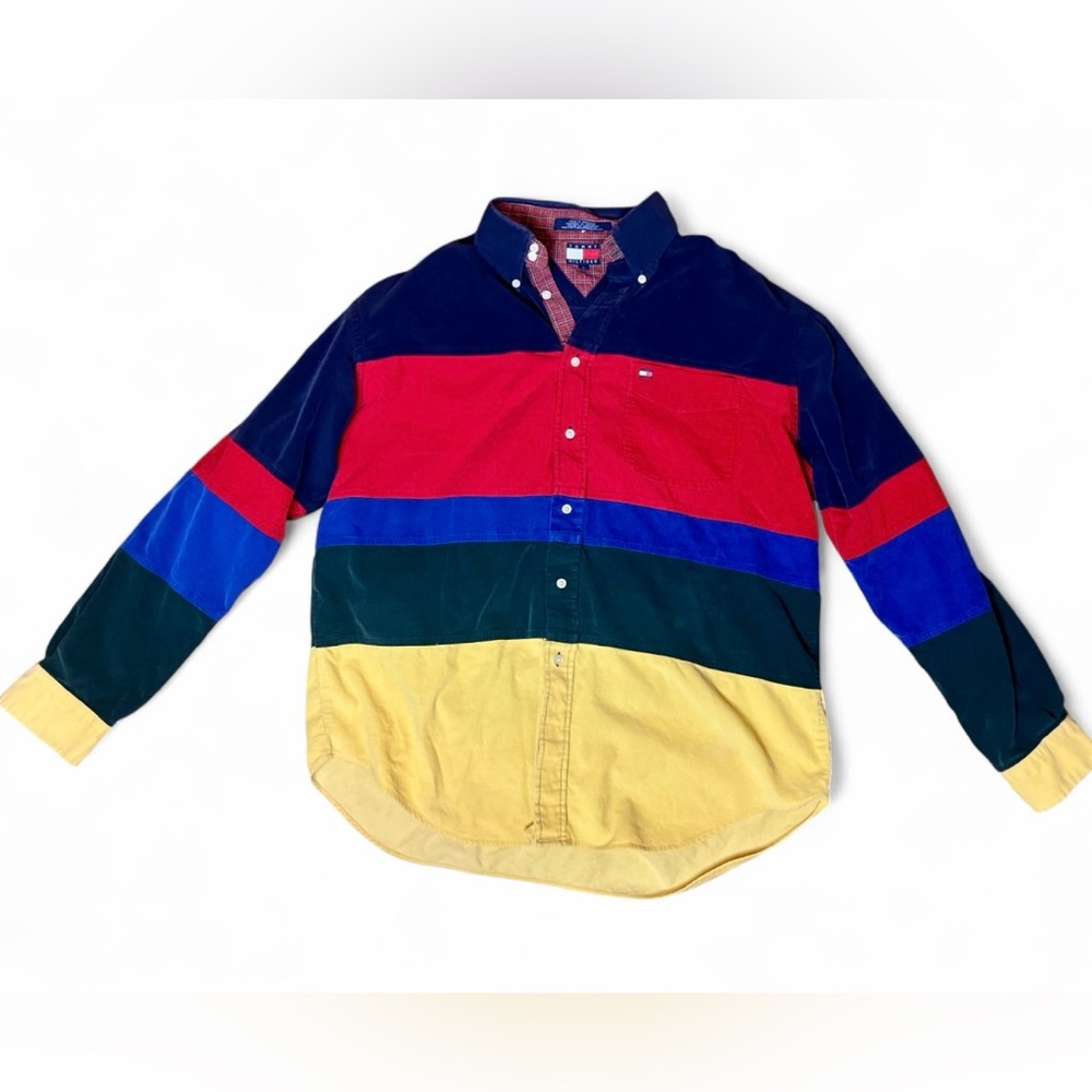 Vintage Corduroy 90s Tommy Hilfiger Colorblock Button Down Shirt | Men’s Large